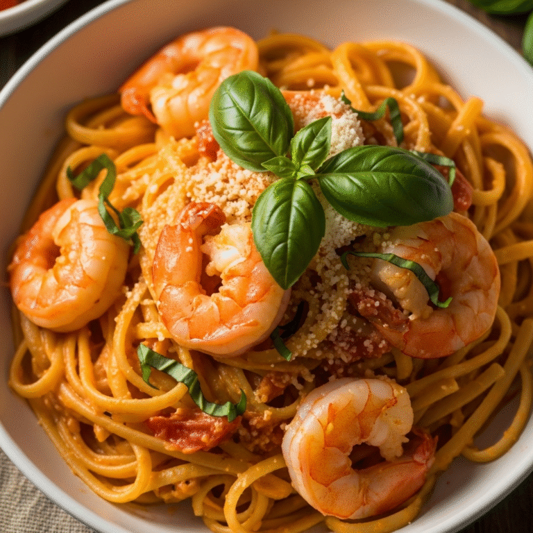 Marry Me Shrimp Pasta with creamy tomato sauce, fresh basil, and Parmesan cheese