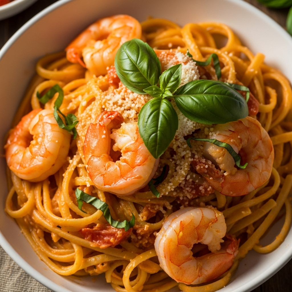 Marry Me Shrimp Pasta with creamy tomato sauce, fresh basil, and Parmesan cheese